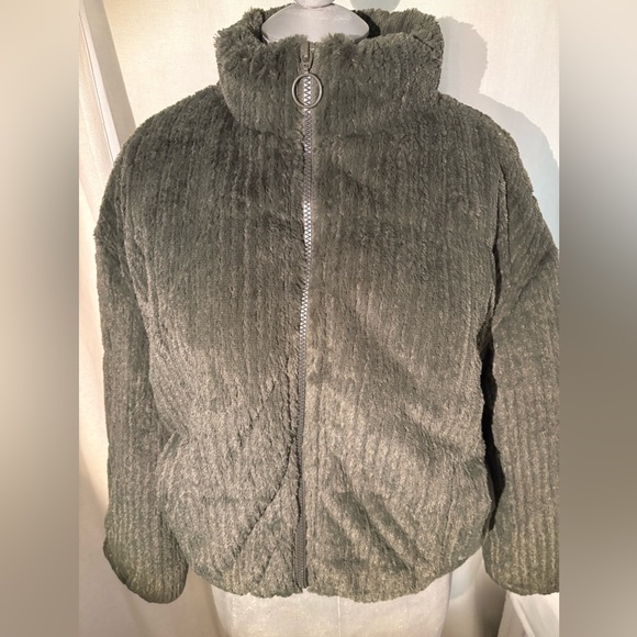 Sherpa Puffer Jacket Plush Zip Up Coat Army Green, Cozy Faux Fur Sz Small - Picture 14 of 16